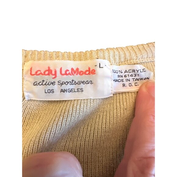 Lady LaMode Beige V-Neck Sweater Owl Embroidery "Nobodys Perfect" L Vintage 70s - Picture 3 of 5